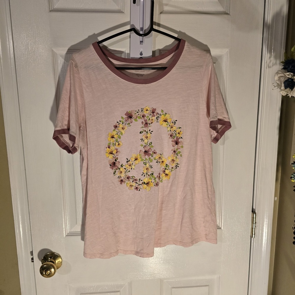 Catherines Est 1946 Pink Floral Peace Sign Ringer Tee Shirt Womens 14/16W Plus